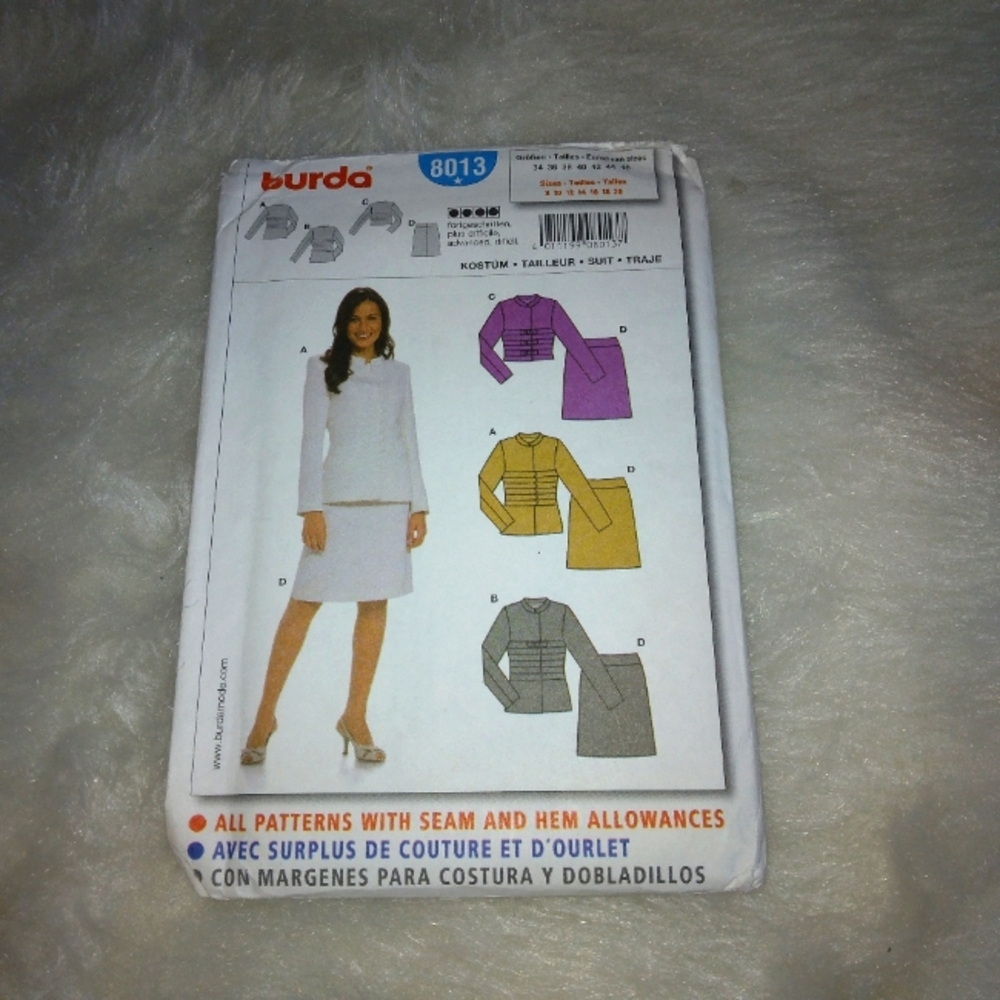 BURDA 8013 Sz 8-20 Misses Suit wirb stunning jacket in 3 variations.  Advanced